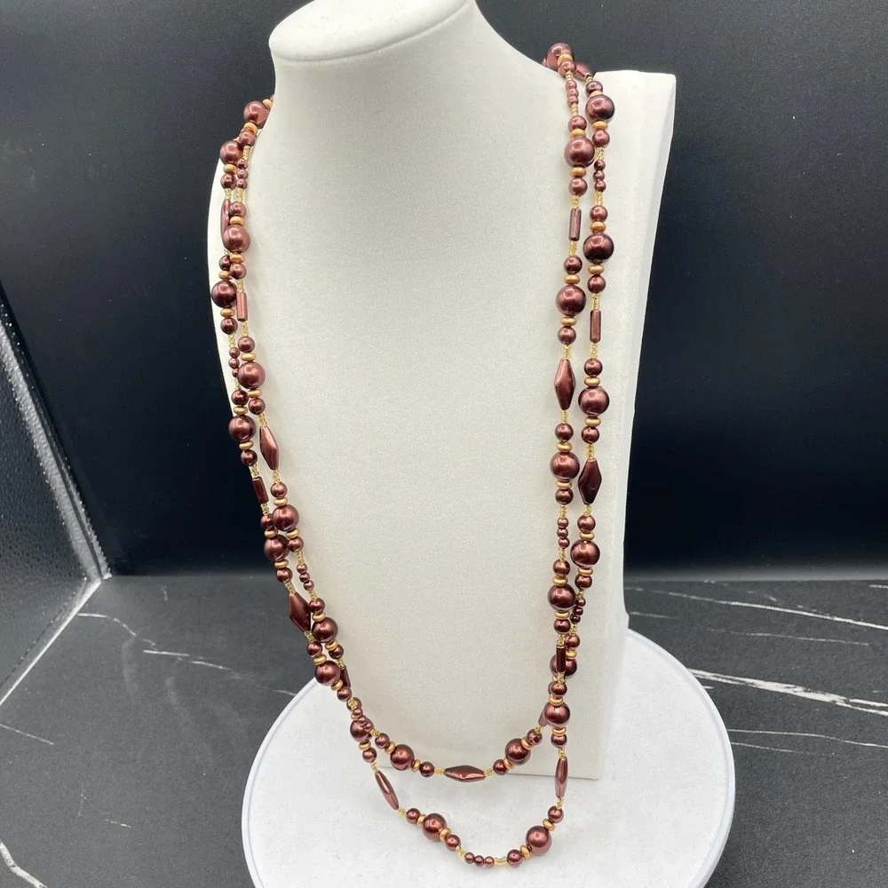 Vintage Burgundy Cord Classic Pearl Double Strand Beaded‎ Lobster Long Necklace